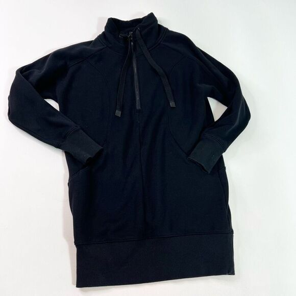 Athleta Cozy Karma Sweatshirt Dress Womens XS Black 1/4 Zip Mock Neck Drawstring - Picture 1 of 12